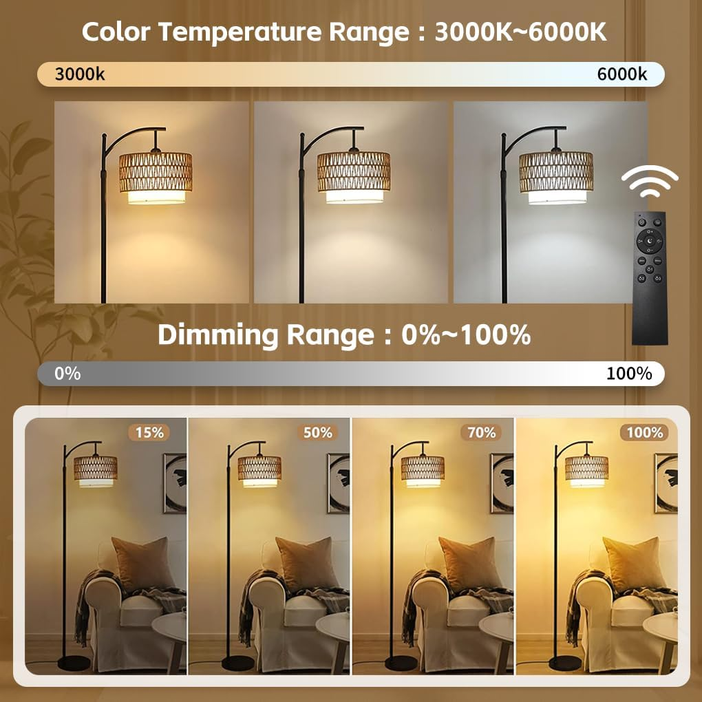Clora Floor Lamp Standing Lamp 3 Color Temperatures Farmhouse Floor Lamps with Remote Dimmable Bulb Rattan & Fabric Shades Adjustable Tall Lamp for Bedroom Office