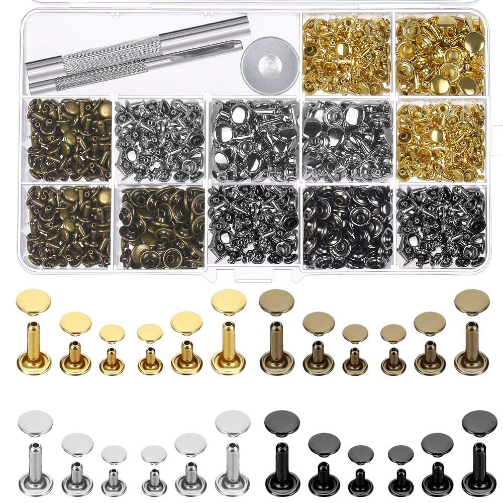 Selizo 480 Sets 4 Colors 3 Sizes Leather Rivets Double Cap Rivet Tubular Metal Studs with 3 Pieces Setting Tool Kit for Leather Craft Repairs Decoration image number 2