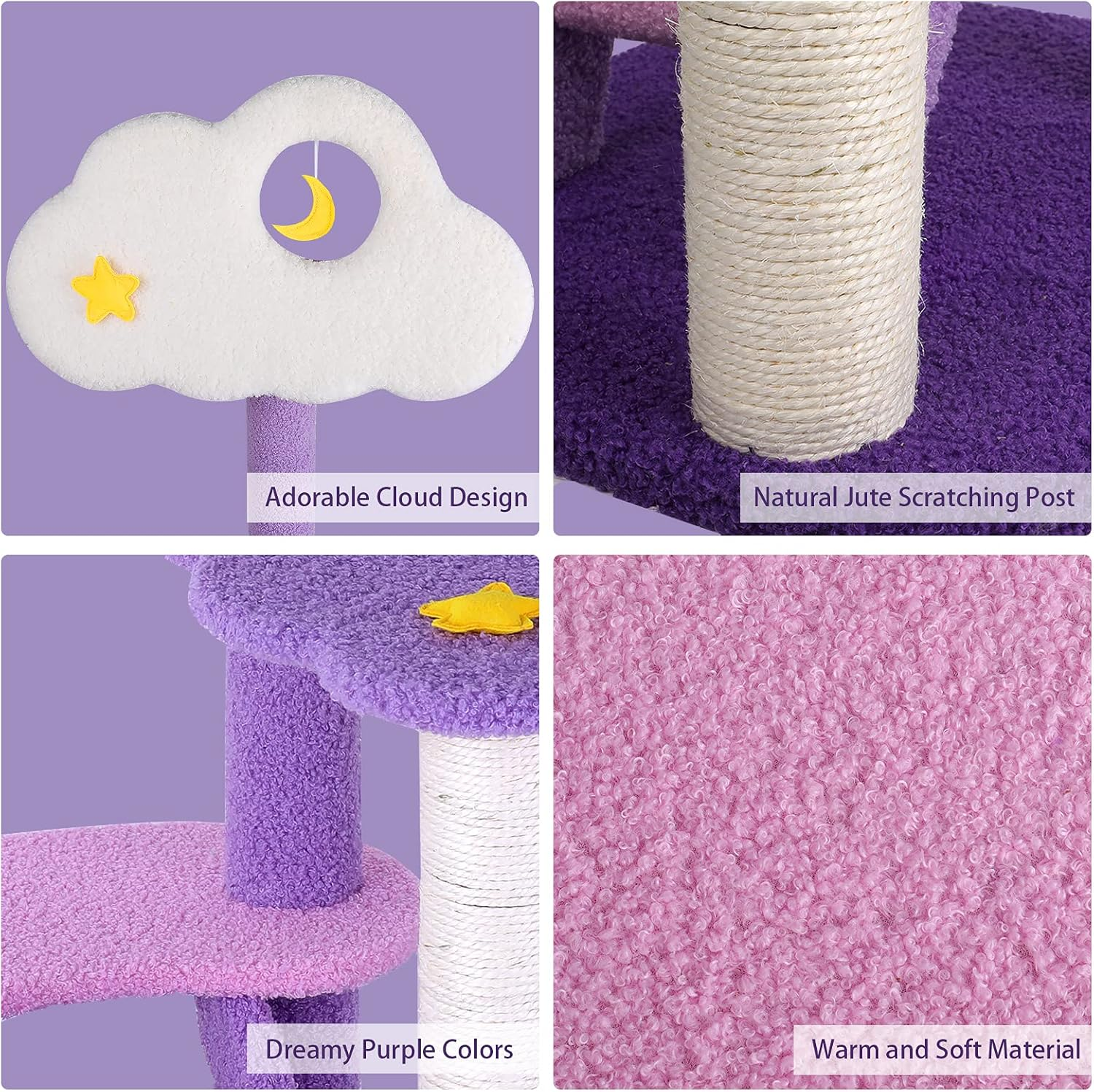 Lucky Monet 43 Inches Cat Tree Tower for Indoor Cats, 3-Layer Purple Cute Purple Pink Cat Tree Unique Cat Condo with Scratching Post