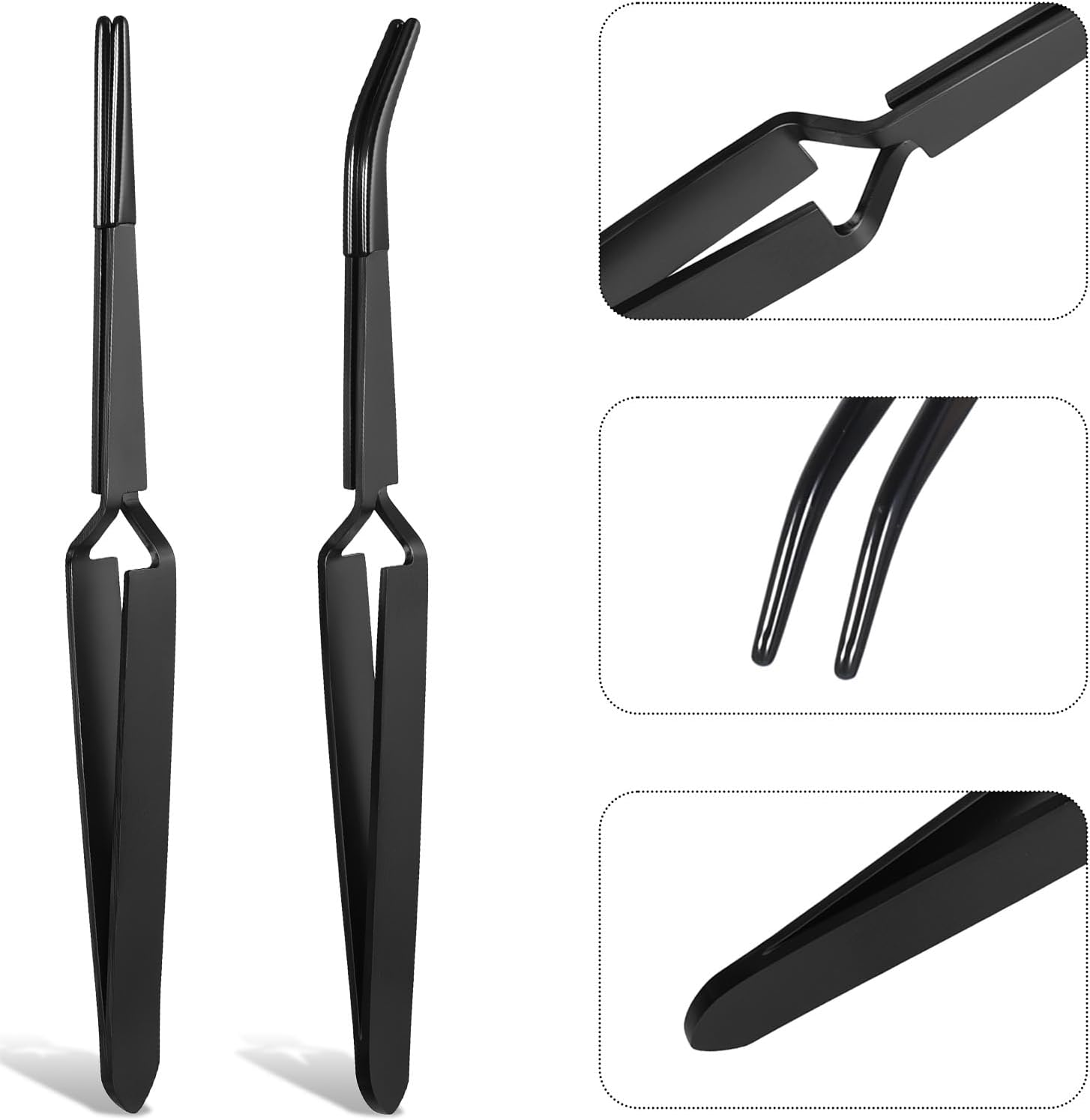 Reverse Tweezers for Crafting, 2 Pcs Rubber Tipped Tweezers Stainless Steel PVC Coated Bent and Straight Flat Tip Cross Locking Precision Tweezer Set for Crafts Jewelry Beads Coins Electronic (Black) image number 5