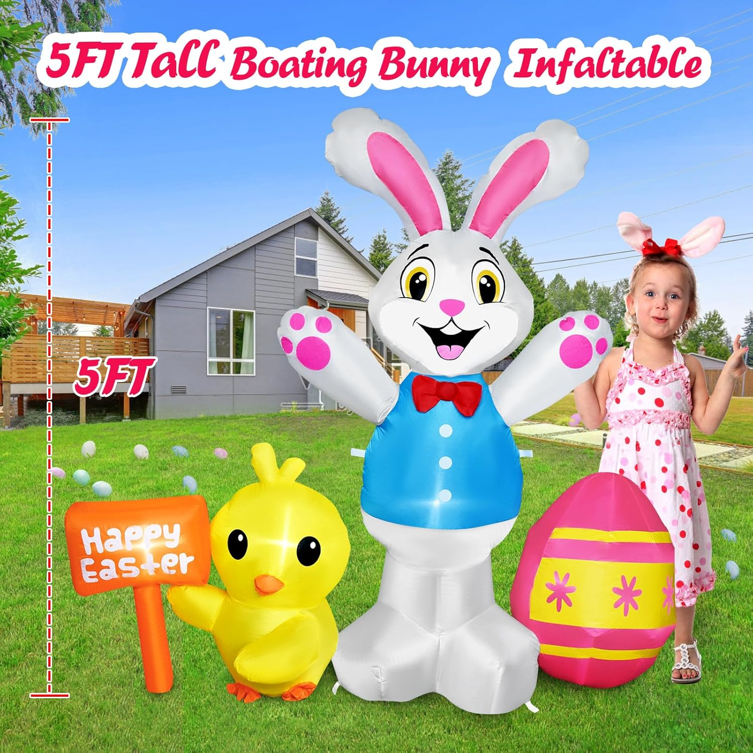 Raymall Easter Inflatables Outdoor Decorations, 5FT Tall Bunny with Chick and Egg Inflatable with LED Lights, Happy Easter Blow up Yard Decorations Outdoor, Blow up Bunny Easter Bunny Inflatables image number 6