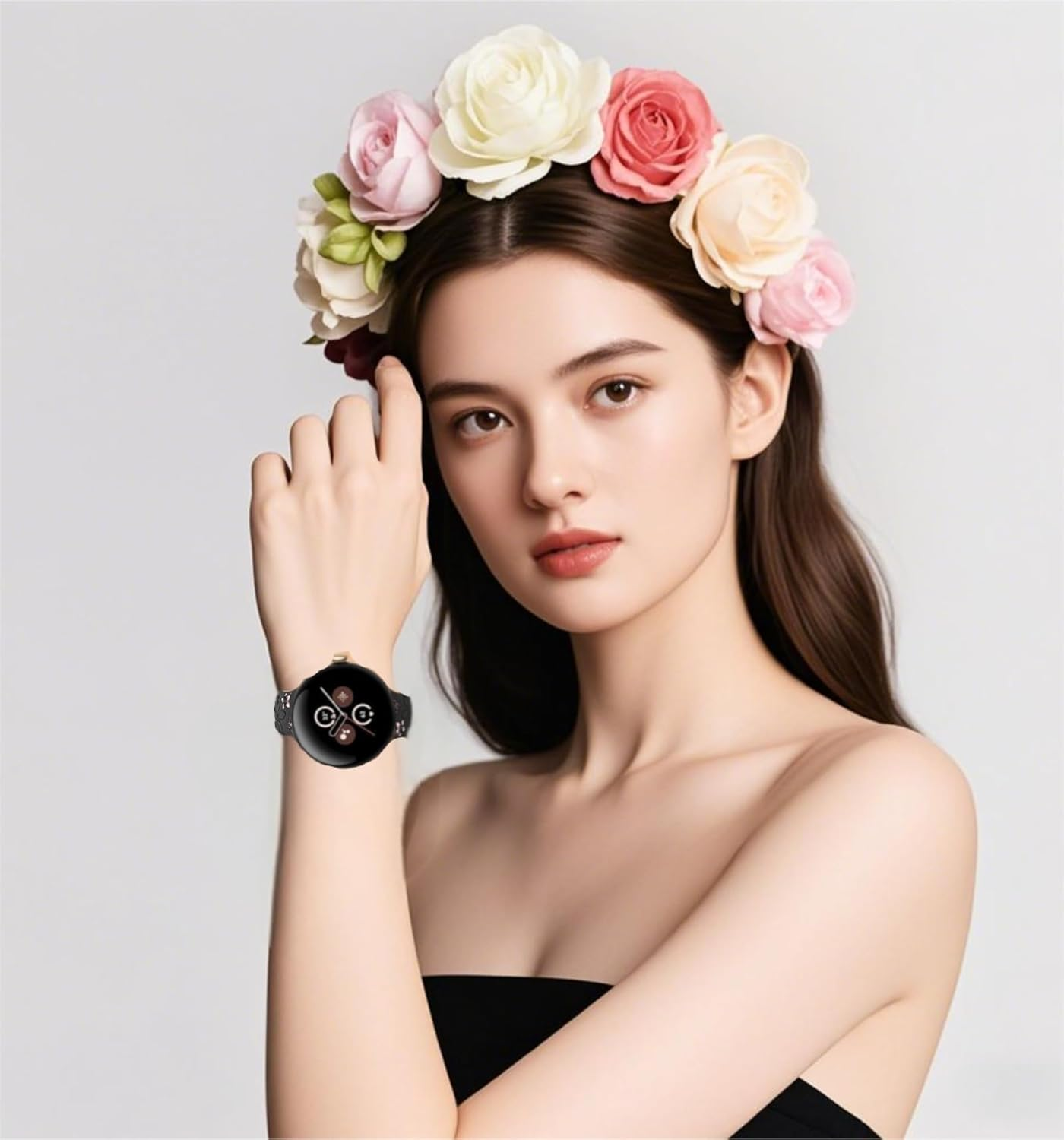 Two-Tone Floral Engraved Band Compatible with Google Pixel Watch 3 2 1 41Mm/ Pixel 3 45Mm, Flower Soft Silicone Sport Strap for Pixel Watch 3 2 1 Women Men image number 3