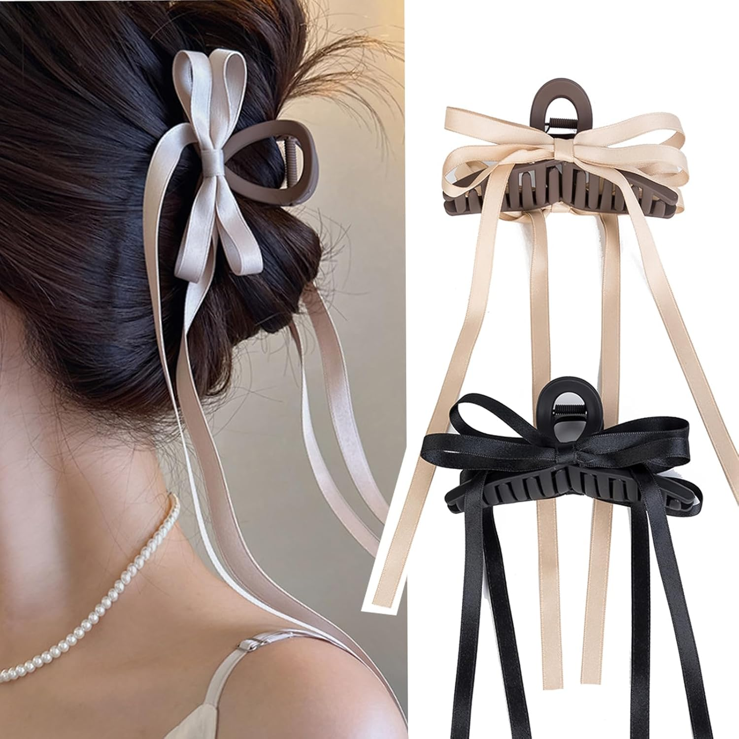WEIPUER Pack of 2 Bows Hair Clips with Long Tail, 8 Cm Long Tassel Ribbon Hair Clips, Women'S Hair Clip for Girls, Large Hair Clips for Long Hair (Brown and Black)