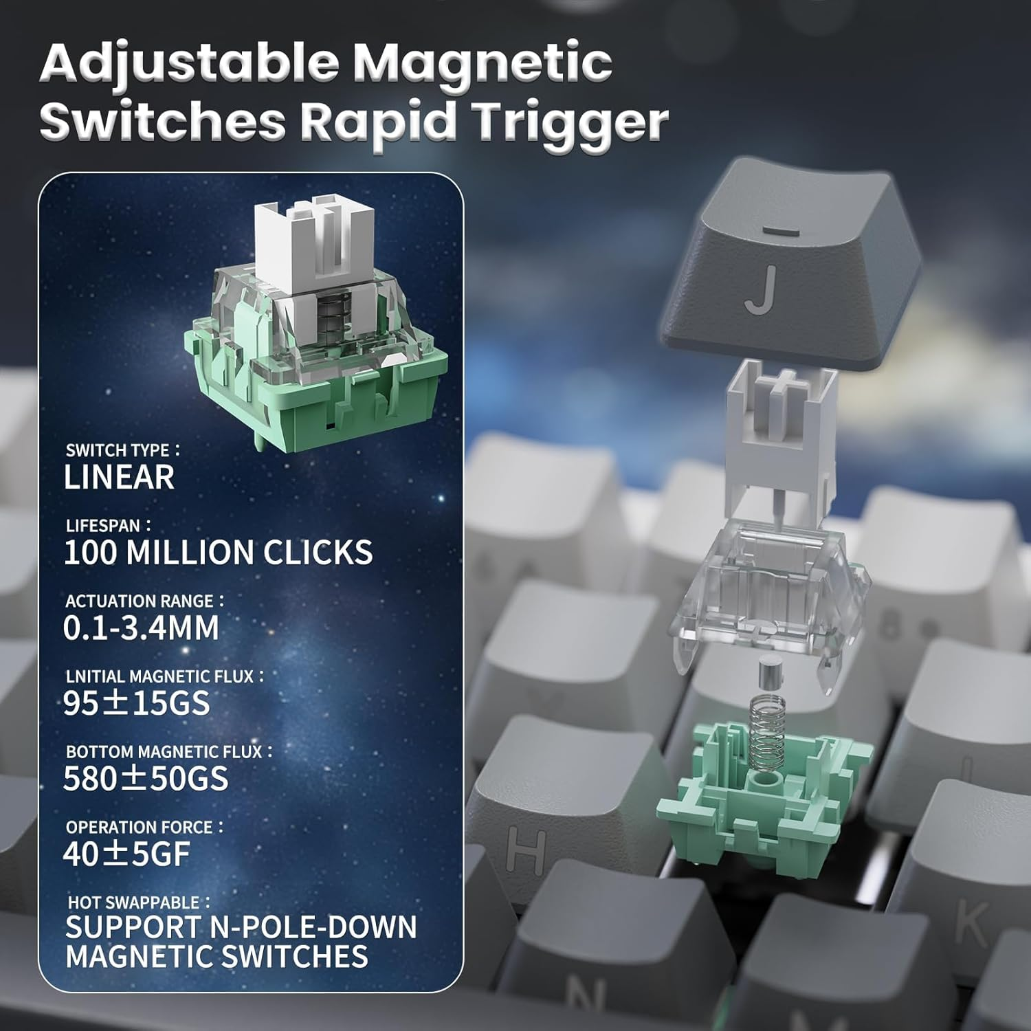 MAMBASNAKE X68 PRO HE Magnetic Gaming Keyboard, 60% Wireless Mechanical Keyboard with Tri-Mode Connection, Rapid Trigger Hall Effect Switches, 8Khz Polling, Low Latency for FPS MOBA Rts-Moonlit Night