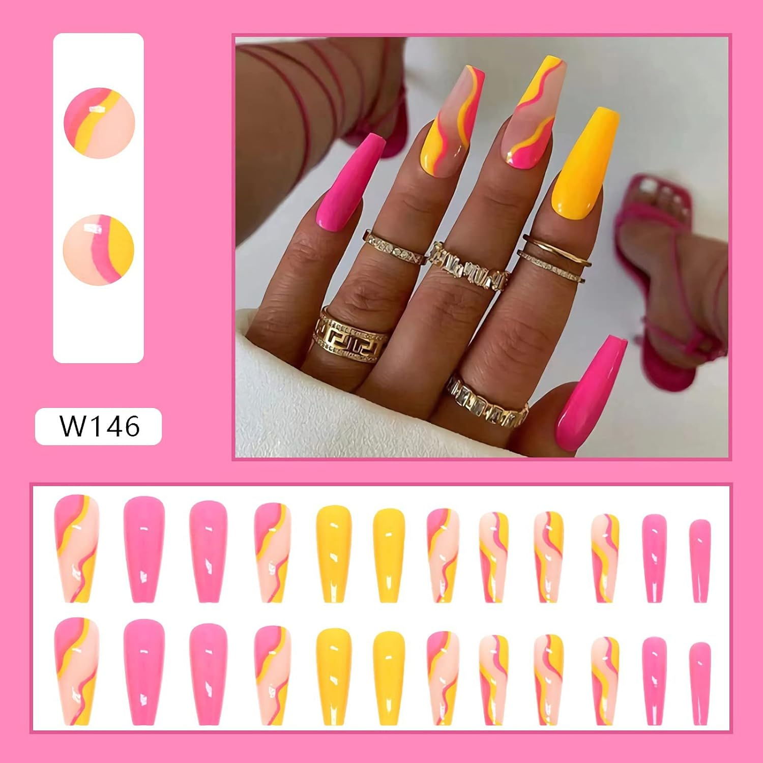 24 Pcs Acrylic Press on Nails Long Fake Nails Colorful Stripes Glue on Nails Coffin Shaped False Nails with Yellow Rose Red Color Glossy Stick on Nails for Women Girls image number 4