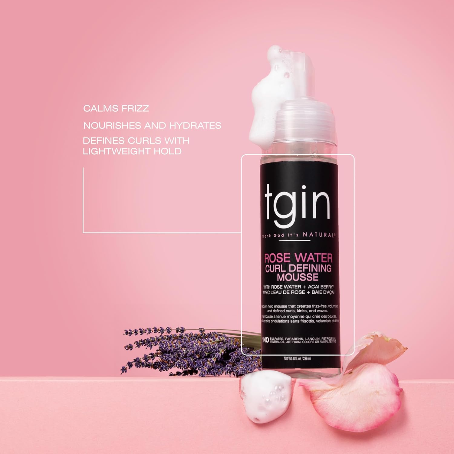 Tgin Rose Water Defining Mousse for Natural Hair - Curls - Waves - Low Porosity Hair - Fine Hair 8Oz image number 1