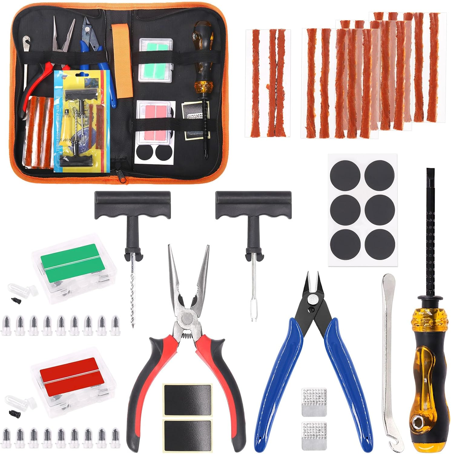 55Pcs Tire Repair Tool Kit Heavy Duty Tire Patch Kit with T-Handle Insert Tool, Tire Repair Patches, Vacuum Tyre Repair Nail Flat Tire Puncture Repair Tools for Cars, Motorcycle, SUV image number 1