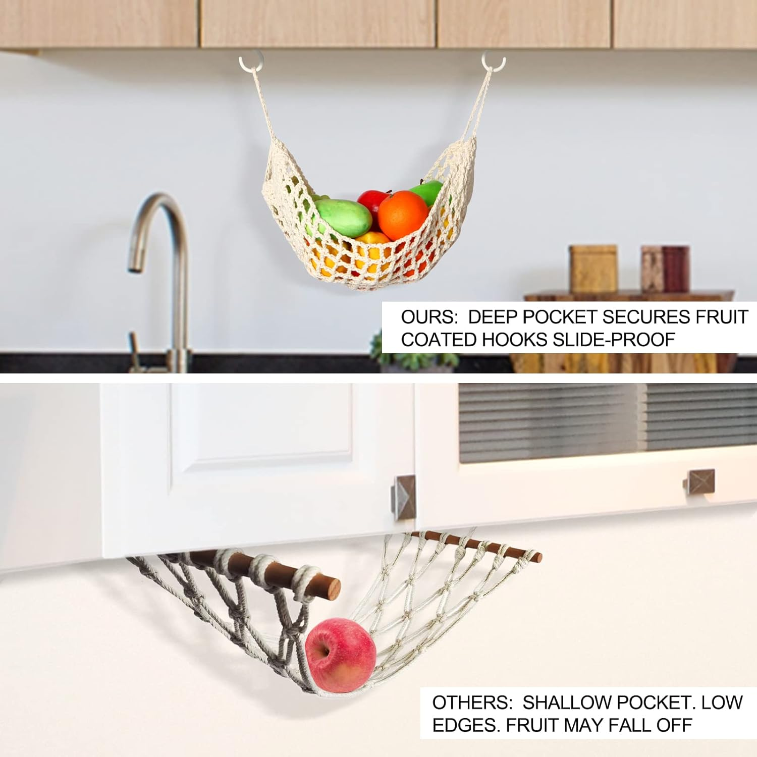 Hanging Fruit Hammock under Cabinet - Fruit and Veggie Basket - Macrame Fruit Hammock for Kitchen D&eacute;cor - Storage That Saves Counter for More Counter Space at Home, Boat, or Rv,With 4 Hooks.