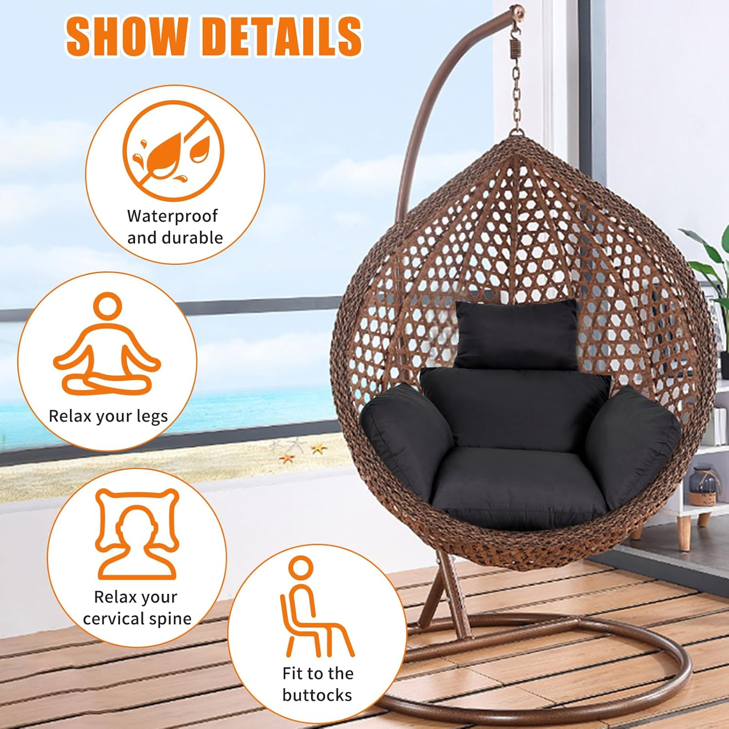 Egg Chair Cushion, 124 X 124Cm Soft Fluffy anti Slip Thick Chair Cushion, Washale Solid Color Swing Chair Seat Pad for Balcony, Courtyard (Black) image number 6