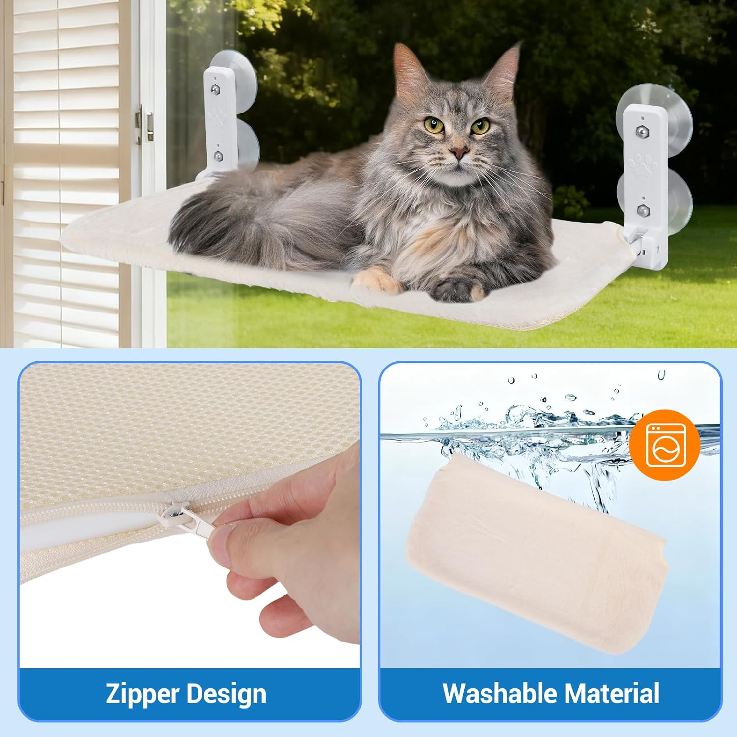 Cordless Window Perch Cat Hammock, Cat Hammock Foldable Window Perch Bed, Cats Viewing Platform Seat with Pad for Indoor, Sunbathing and Bird Watching (Beige, 23.6X12In(60X30Cm)) image number 5