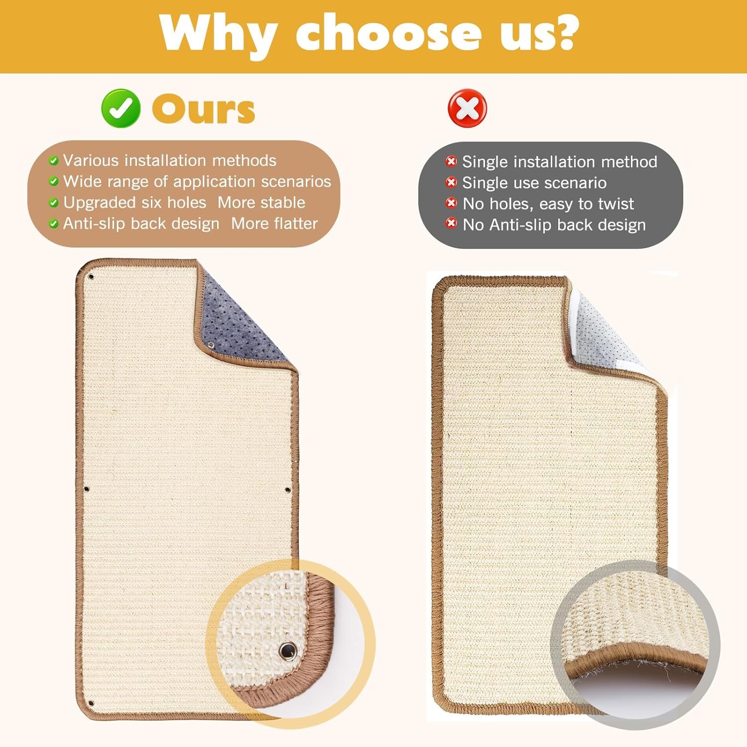 VABNEER 60 X 30 Cm Cat Scratching Board Wall Sofa, 1 Piece Sisal Cat Scratching Mat for Furniture Protection