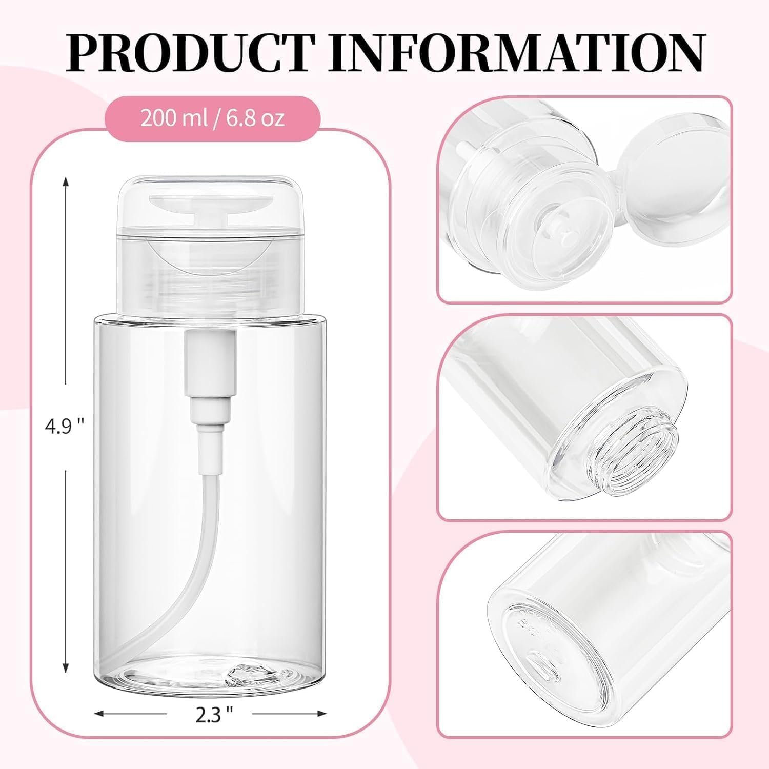 Push down Pump Dispenser Empty Pushs Top Bottle, 3Pcs Clear Push down Pump Bottle Empty Alcohol Pump Dispenser Leak-Proof One-Touch Pump Bottles for Nail Polish Makeup Remover, 200Ml