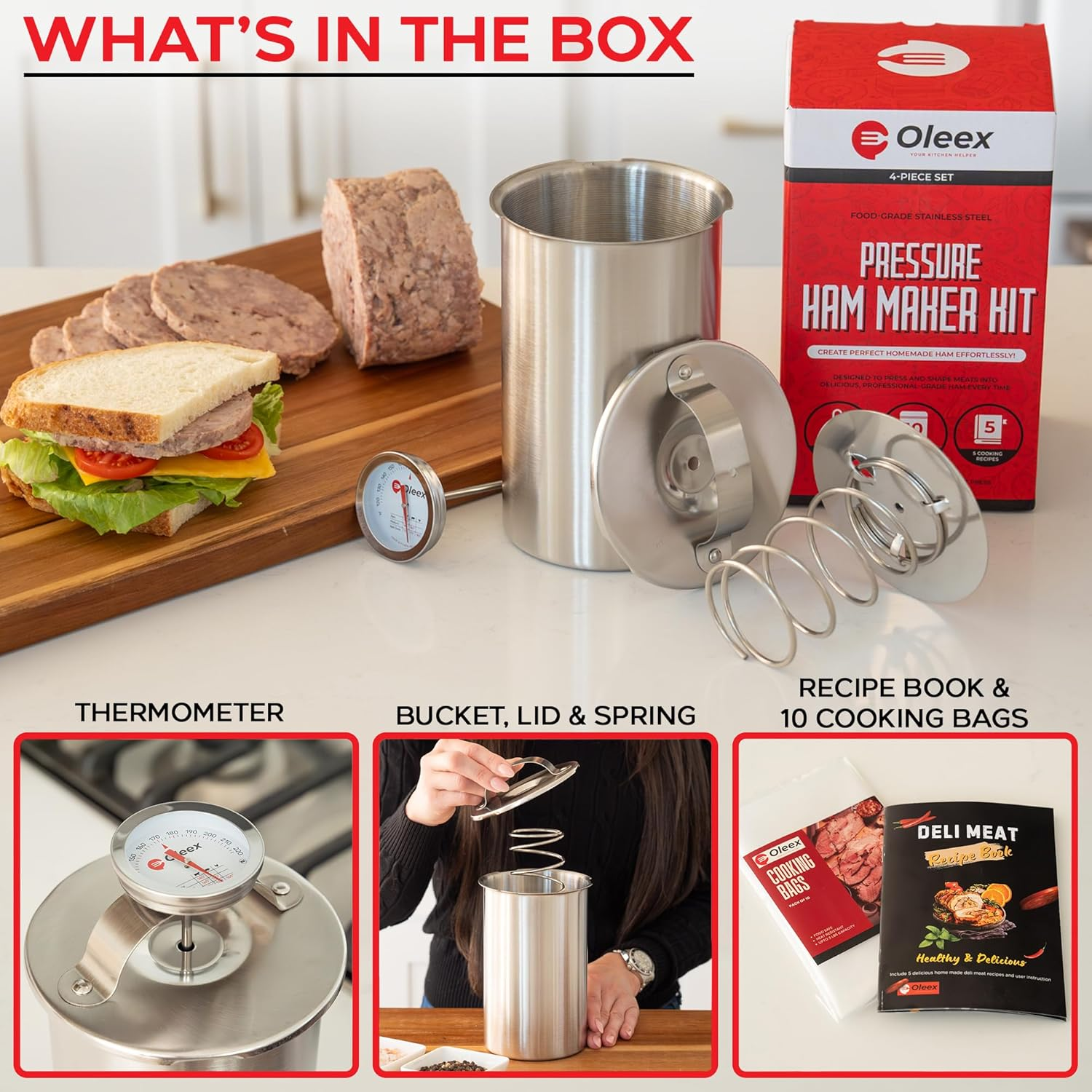 Oleex Lunch Meat Press Mold for Deli Meats-Homemade Ham Maker Meat Press Tool with Cooking Thermometer, 10 Cooking Bags & Recipe Book-Multipurpose Stainless Steel Pressure Sandwich Lunchmeat Maker image number 5