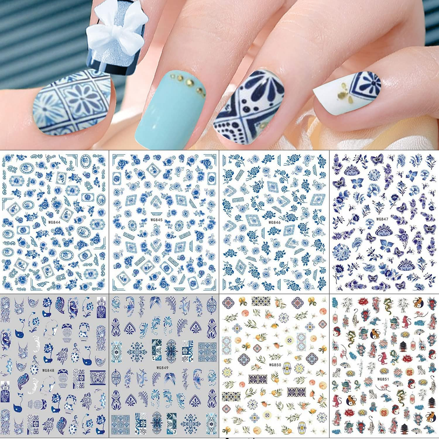 8 Sheets Blue and White Porcelain Nail Art Stickers Decals Self-Adhesive Pegatinas Para U&ntilde;as Retro Elements Tiger Lion Dragon Flowers Design Manicure Tips Nail Decoration for Women Girls - White,Yellow image number 5