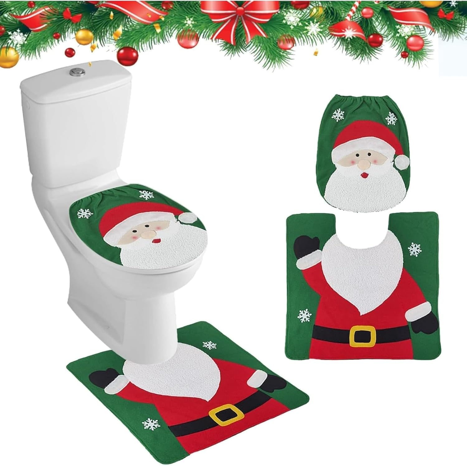 Christmas Toilet Seat Cover Set, Santa Bathroom Decor with Soft Toilet Cover & Non-Slip Mat, Festive Holiday Bathroom Decoration for Xmas image number 5