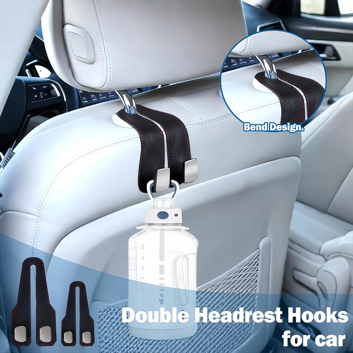 【4-Pack】 Car Seat Headrest Hook - Double Leather Storage Organizers for Handbags, Purses & Mobile Phones | Universal Fit for Cars | Heavy-Duty Metal Hooks | Easy Tool-Free Installation (Black) image number 3