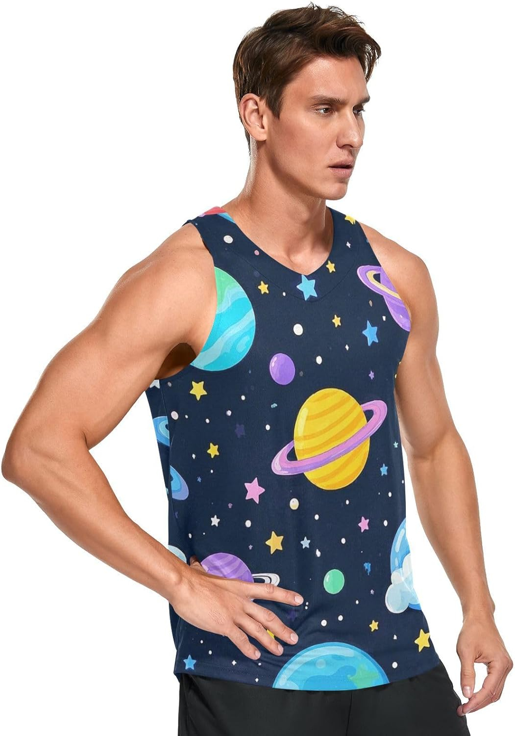 Amooorous Cartoon Cute Colorful Planet Dry Fit Tank Top for Men Men'S Club Sleeveless T-Shirt Lightweight Summer Sportswear image number 4