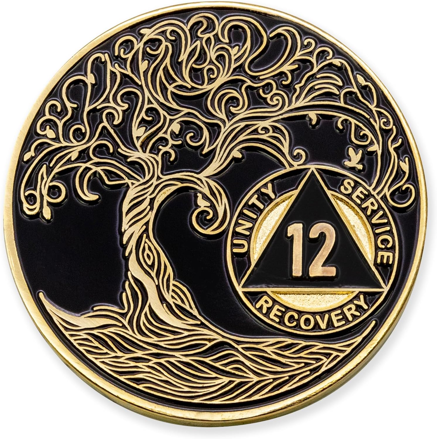9 Months Sobriety Mint Twisted Tree of Life Gold Plated AA Recovery Medallion/Chip/Token - Black image number 2