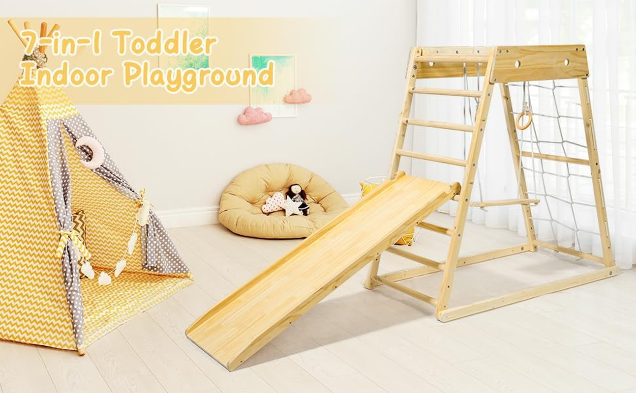 Toddler Climbing Frame,Indoor Playground,Wood Toddler Playset Montessori 7-In-1 with Jungle Gym,Kids Outdoor Play Equipment, Slide,Swing,Swedish Ladder,Monkey Bars,Rope Ladder for Kids Ages 1.5-7 New image number 3