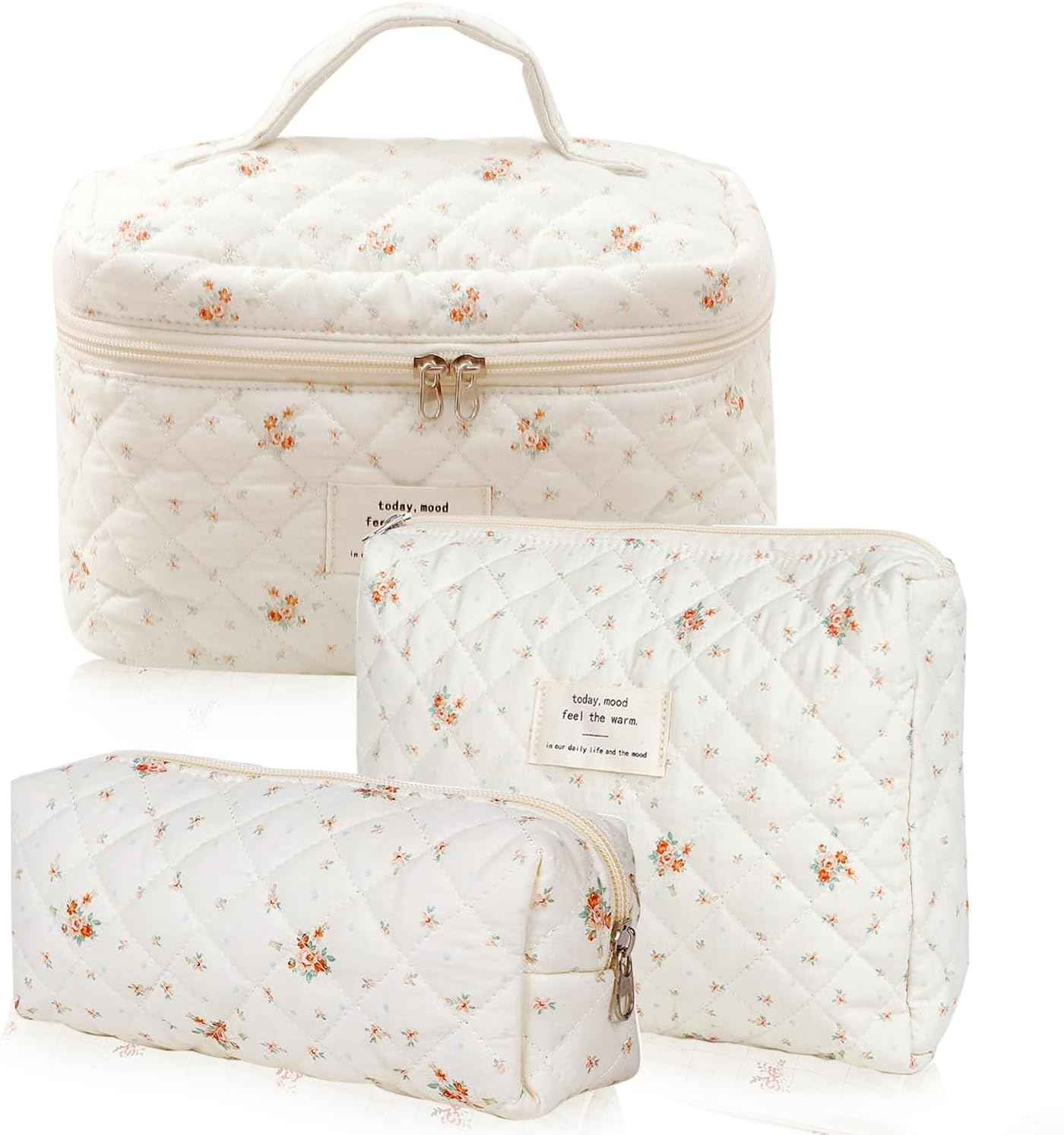 Everfunny 3 Pcs Cotton Quilted Makeup Bag Set, Floral Cotton Cosmetic Bag, Aesthetic Toiletry Travel Organizer Bag for Women, White Little Flower, Cosmetic Bag image number 2