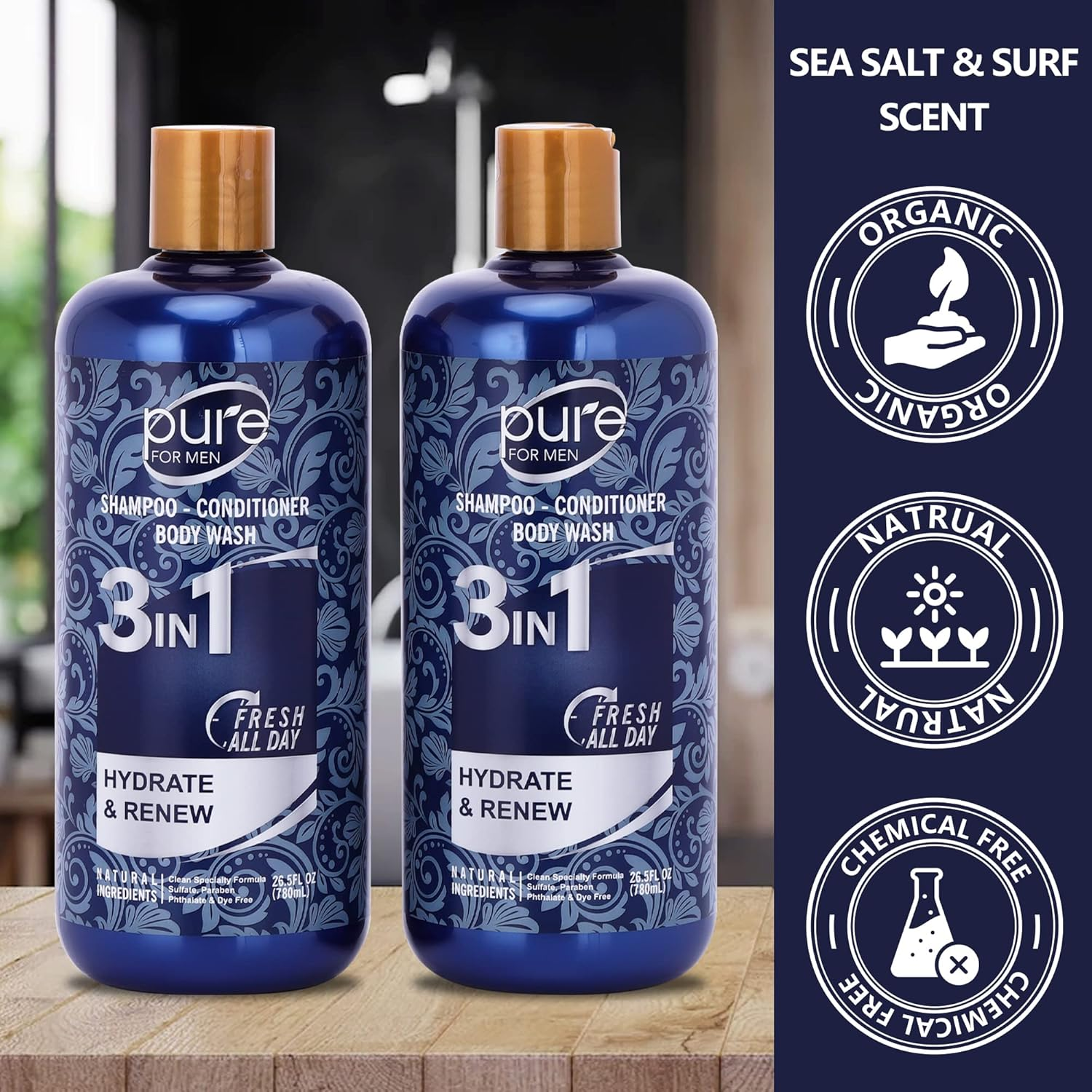 3-In-1 Men'S Shower Gel, Shampoo and Face Wash - Paraben & Sulfate Free, Keeps You Fresh All Day! 2 Pack.