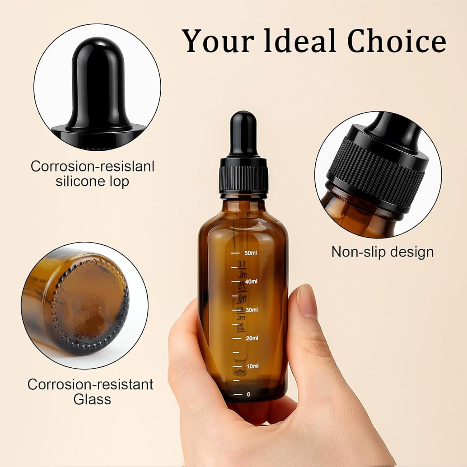 Kzvsiy 5 Pack 50 ML Glass Dropper Bottles with Graduated Scales, Leak-Proof Caps, and Precision Droppers, Uv-Protective Amber Bottles for Essential Oils, DIY Perfume, and Travel Liquid Storage image number 3