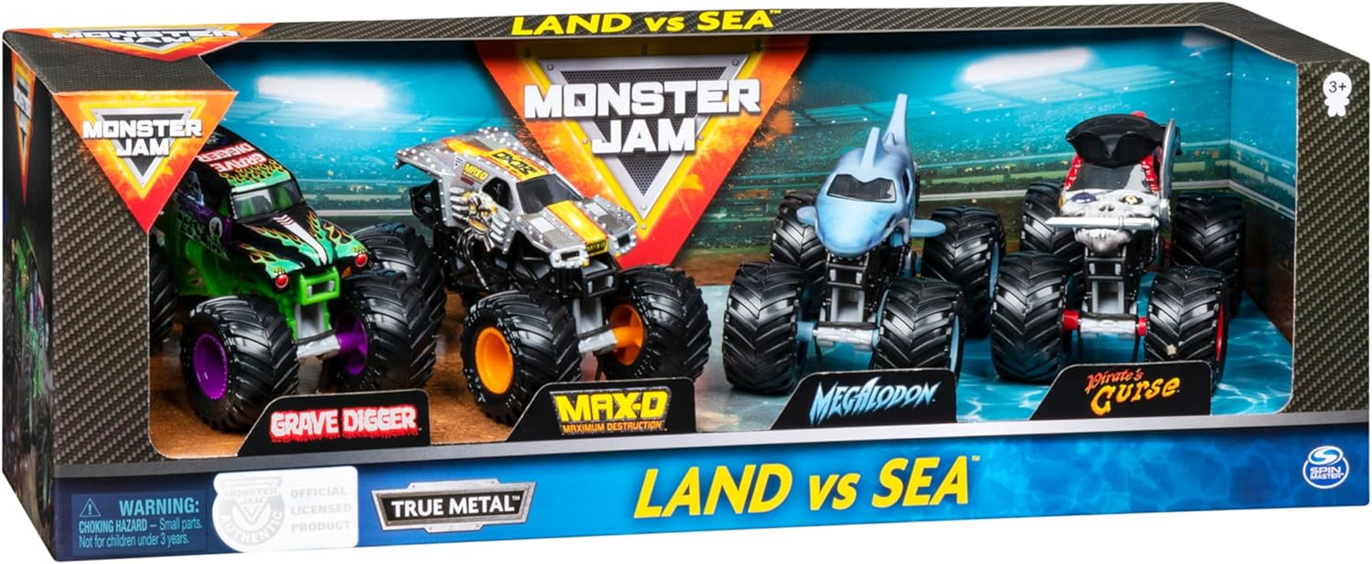 Monster Jam, 4 Pack Land Vs. Sea 1:64 Scale Die-Cast Toy Cars (Grave Digger, Max-D, Megalodon, Pirate'S Curse) image number 6