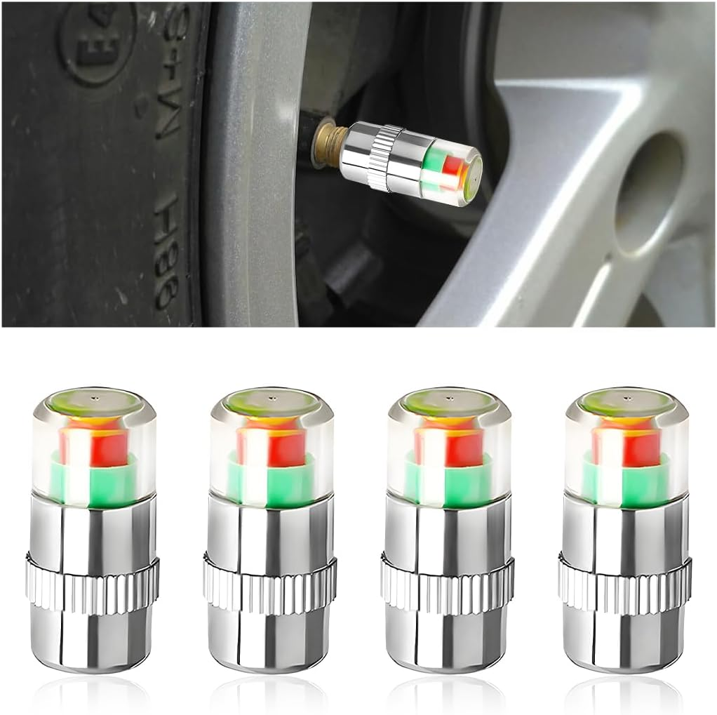 8PCS Tire Pressure Monitor Valve Stem Caps, 2.4 Bar 36PSI Pressure Monitor Stem Covers with 3-Color Eye Alert, Easy to Read Sensor Indicator Tire Valve Cap for Most Car Truck SUV (Silver)