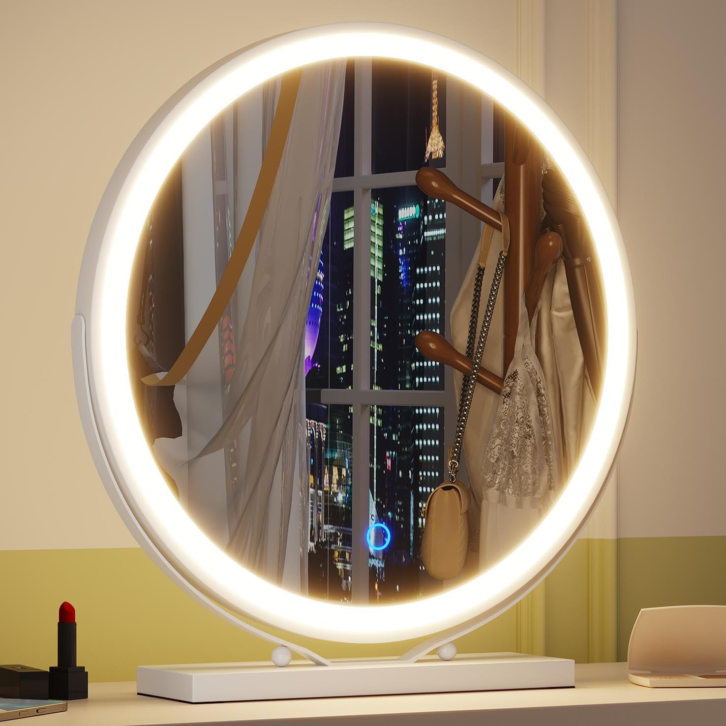 ZKIODV round Vanity Makeup Mirror with Light, 48 X 52 CM LED Lighted Mirror with Dimmable 3 Color Lights, Large Circle Desk Mirror, 360&deg; Light up Mirror for Dresser, Tabletop, Bedroom, White