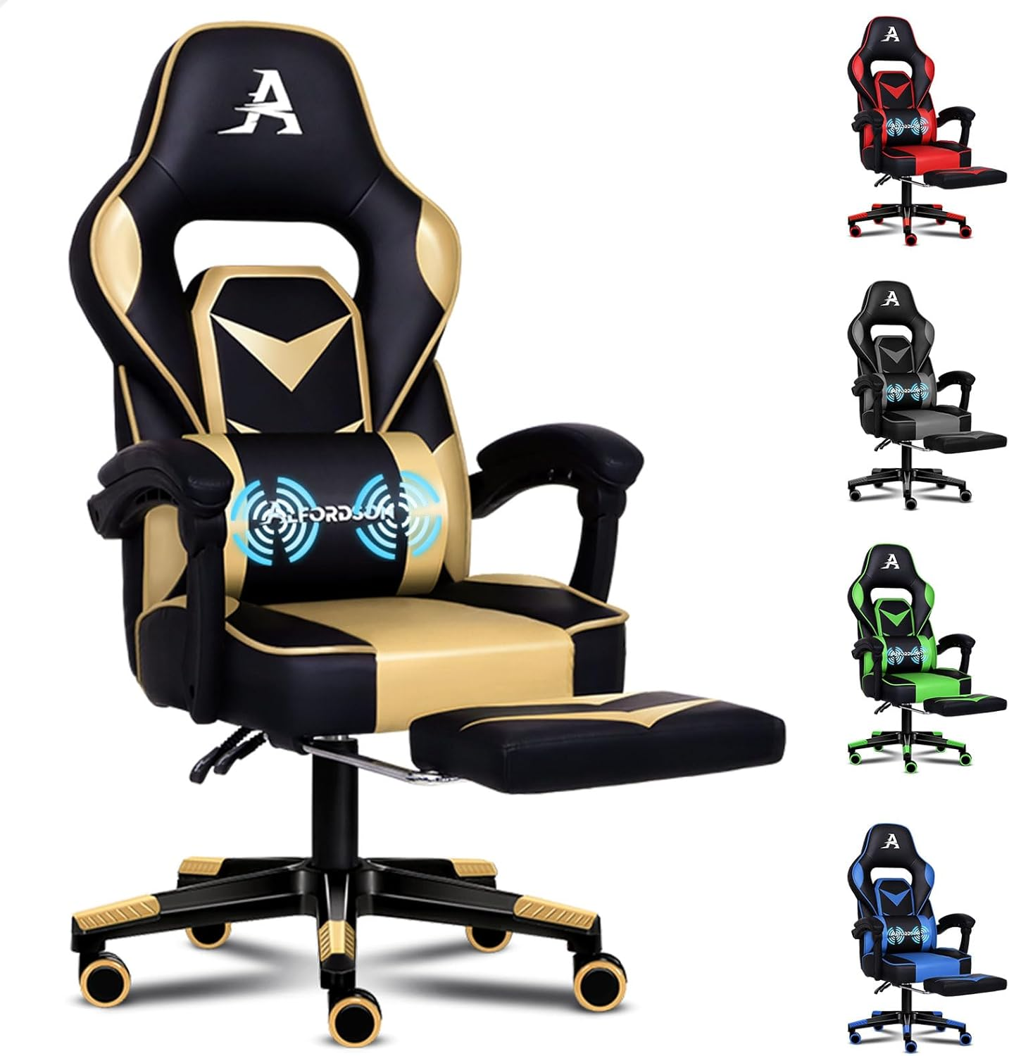 ALFORDSON Gordon Gold Video Gaming Chair with 2-Point Massage, Armrest Headrest, PU Leather Racing Sport Chair with Footrest, High Back Home Executive Office Study Seater