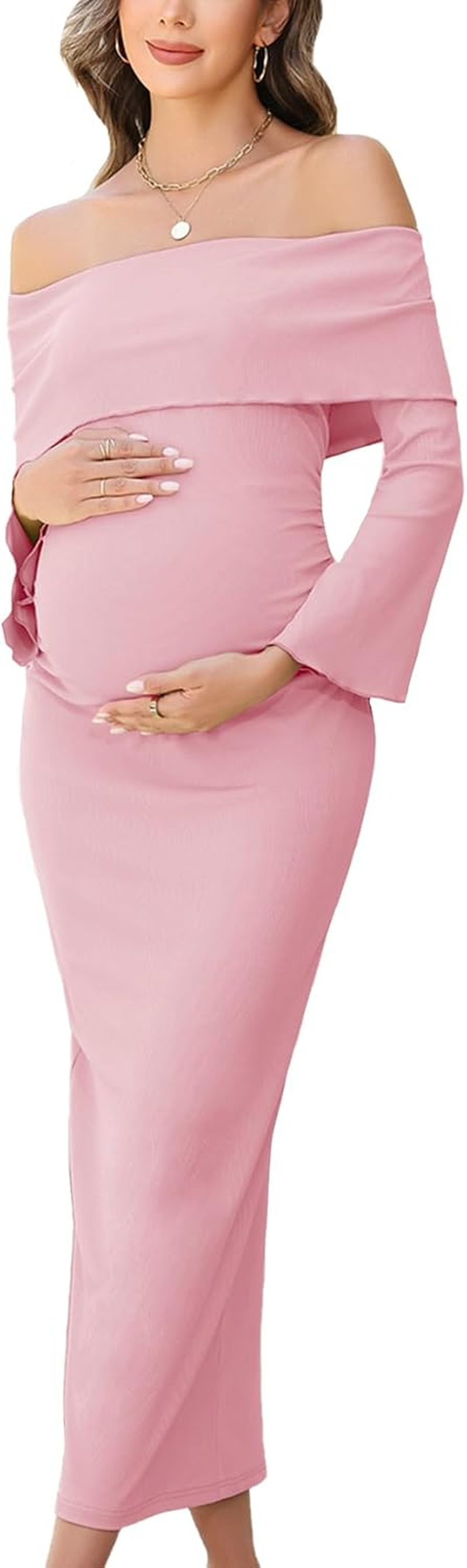 CYCLAMEN off the Shoulder Bell Sleeves Maternity Dress Ruched Bodycon Maxi Cute Pregnancy Dresses Baby Shower Photoshoot