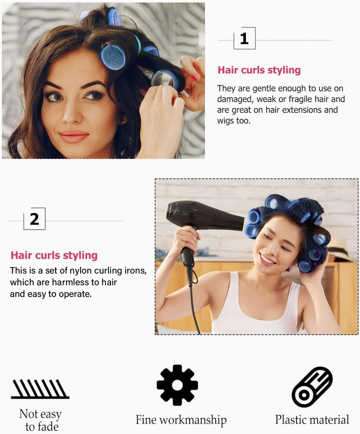 TPZORJX 37 Pieces Manual Hair Rollers Self Adhesive Hair Rollers for Salon Barber Shop Rat Tail Combs DIY Curlers with Steel Pin Combs (Blue) image number 5