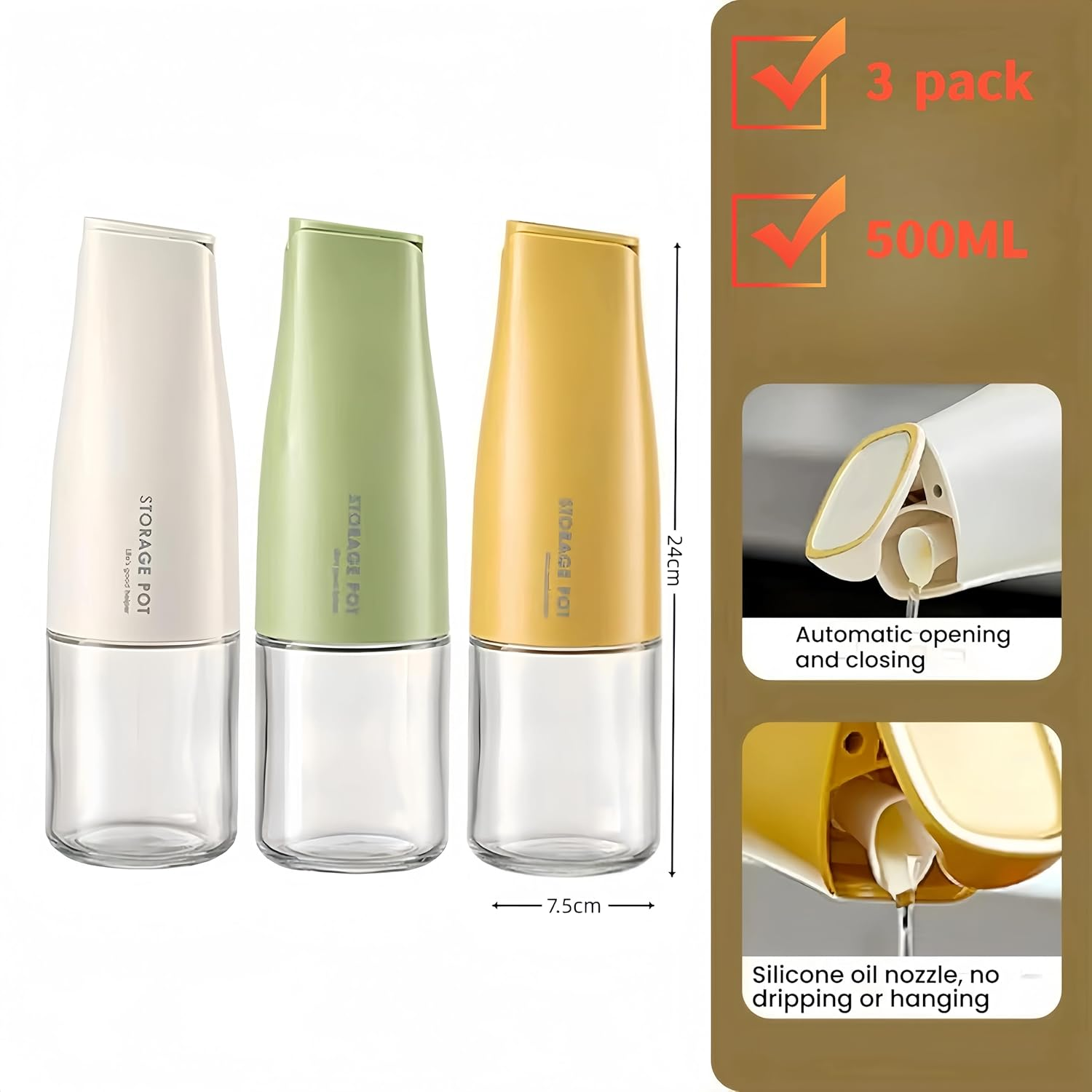 3 Set Olive Oil Dispenser, 500Ml Kitchen Oil and Vinegar Soy Sauce Dispenser Bottle,Auto Flip Non-Drip Oil Container,Wide Opening Cruet with Pourer Easily Refill and Clean image number 5