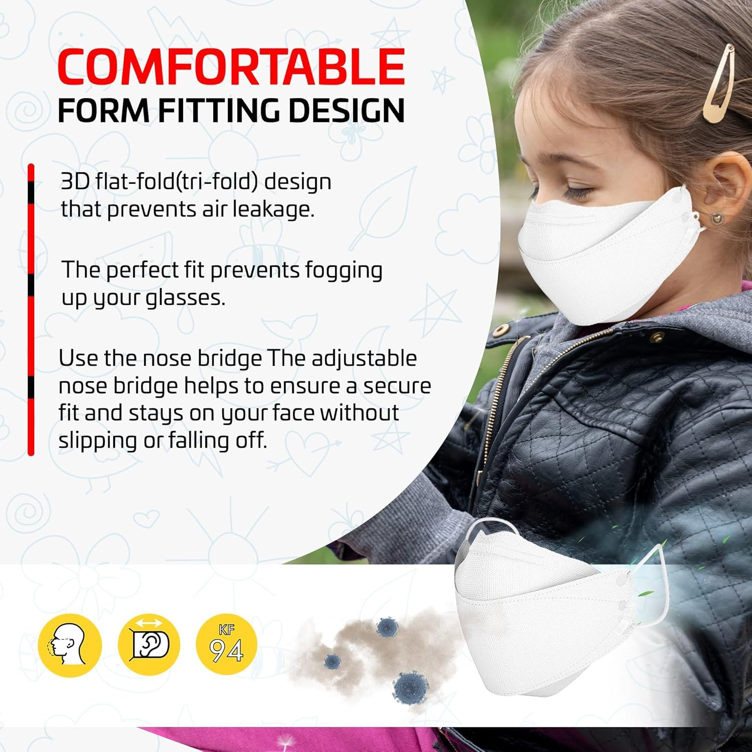 [10 Packs] KF94 KIDS Face Mask Made in Korea Respirator Protective Disposable Dust Covers (Children, Youth) Clean Top 크린탑 Individual Package (White)