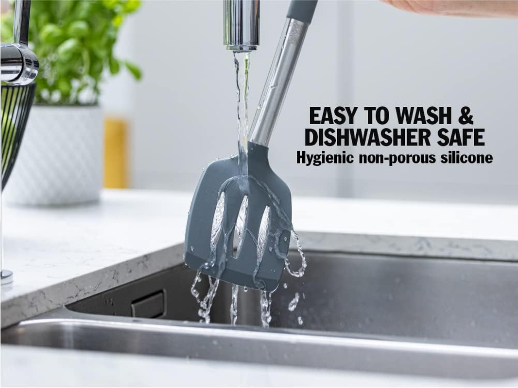 Igluu Meal Prep Grey Silicone Slotted Turner Spatula Heat Resistant Non-Stick Soft Grip, Stainless Steel image number 3