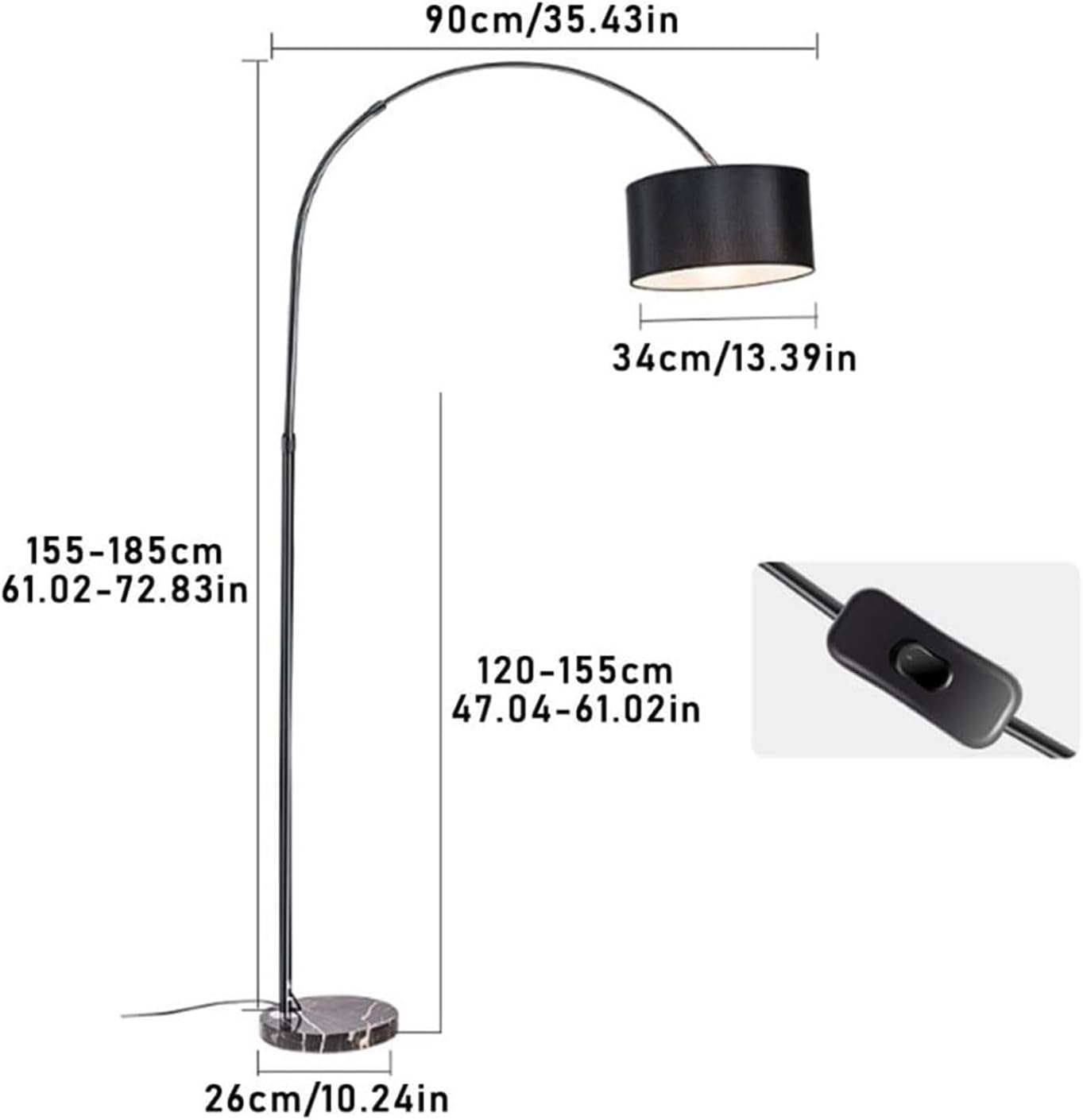 Modern Curved Floor Lamp with Remote Control, 3-Level Dimmable Standing Lamp, Adjustable Height, Marble Base, Warm Light, Floor Lamps for Living Room, Bedroom, Office &ndash; 12W 185Cm (White) image number 4