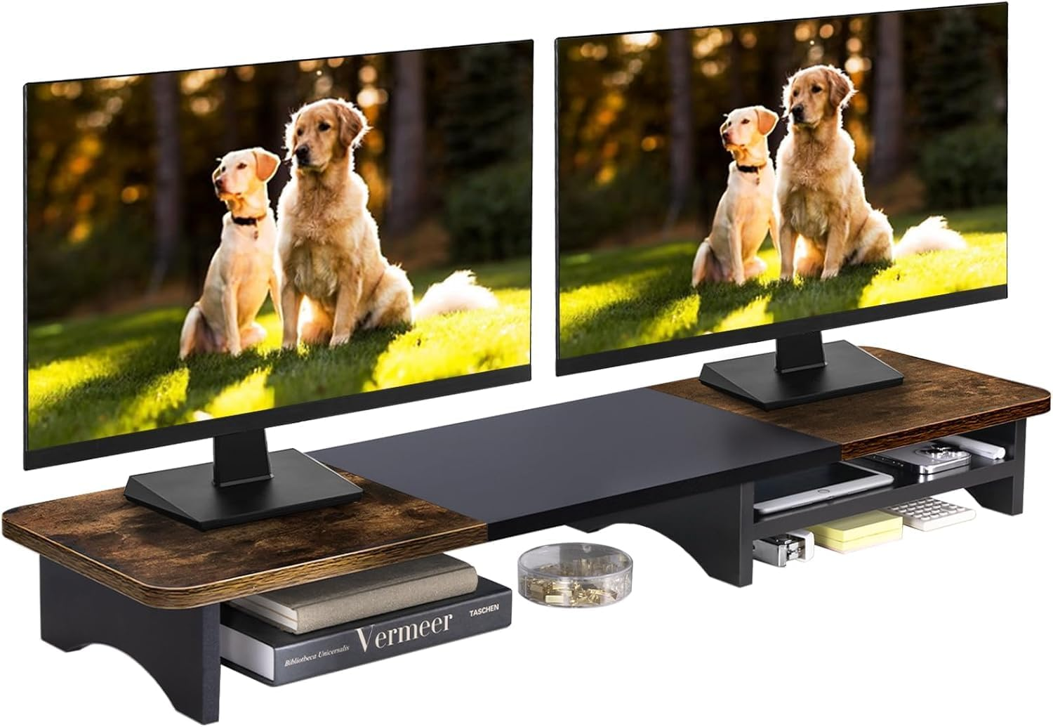 Monitor Stand with Drawer, Dual Monitor Stand Riser for Desk, Wooden Computer Monitor Stand & Desktop Shelf, Home Office Desk Accessories, 39.3"X10.6"X4.3" (Brown & Black) image number 4