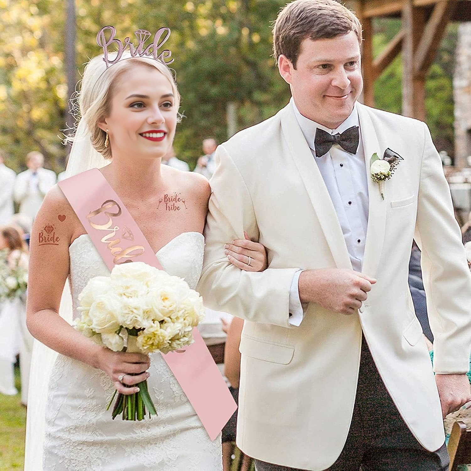 Bride to Be Sash Hen Party Accessories Kit Includes Tiara Veil Comb Temporary Tattoos for Bachelorette Bridal Shower Wedding Fun Hen Party Games Decorations image number 2