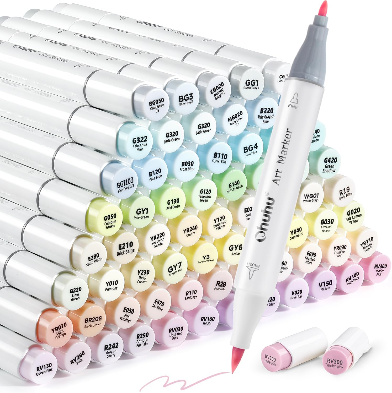 Ohuhu Pastel Markers Alcohol Based -96 Pastel Colors of Sweetness & Blossoming - Double Tipped Art Alcohol Markers for Artist Adults' Coloring Illustration - Brush & Fine - Honolulu B image number 5