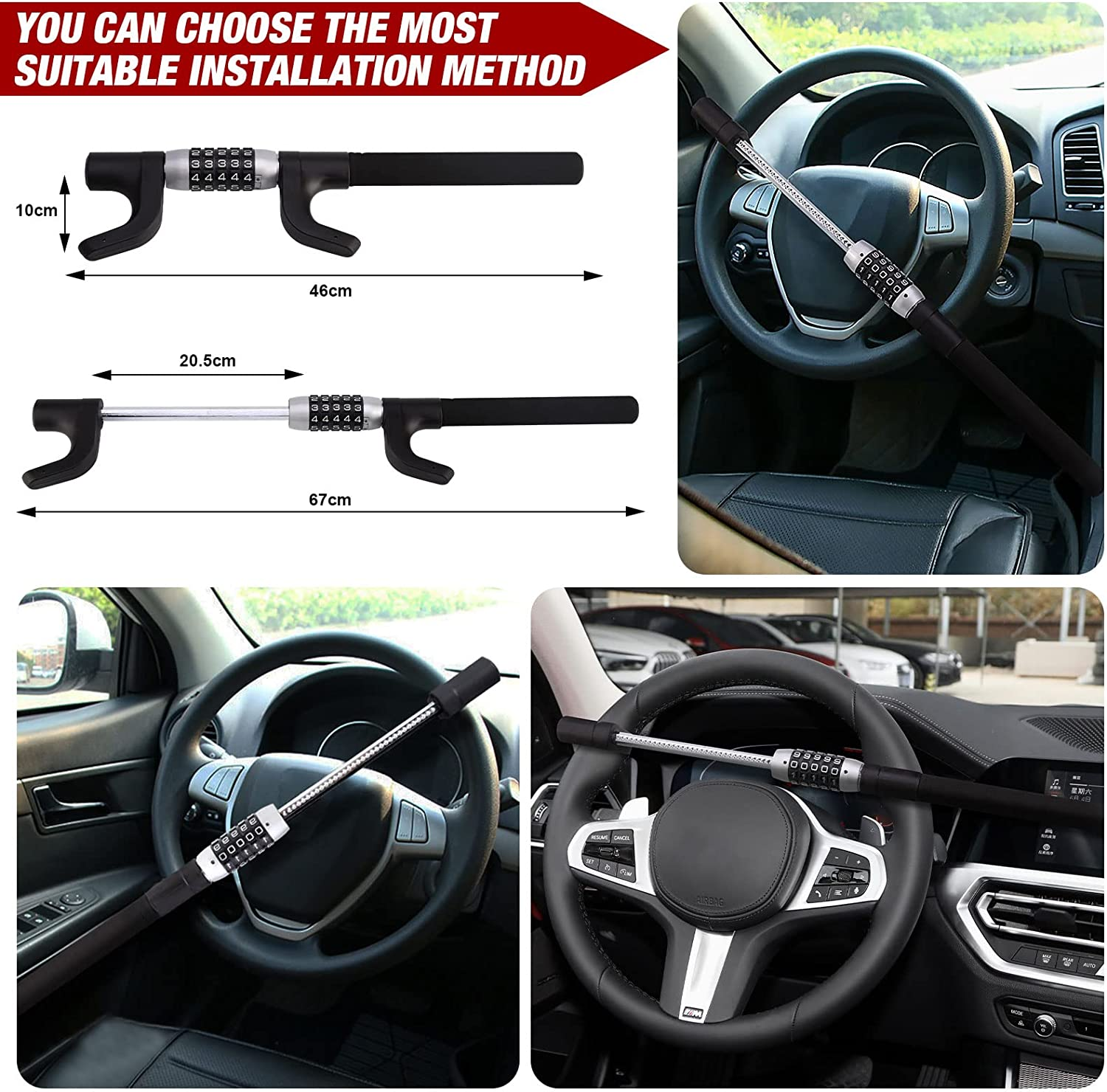 Steering Wheel Lock, Keyless Password 5 Coded Combination Lock, Heavy-Duty Protective Retractable Universal Model for Cars, Suvs, Vans, Trucks