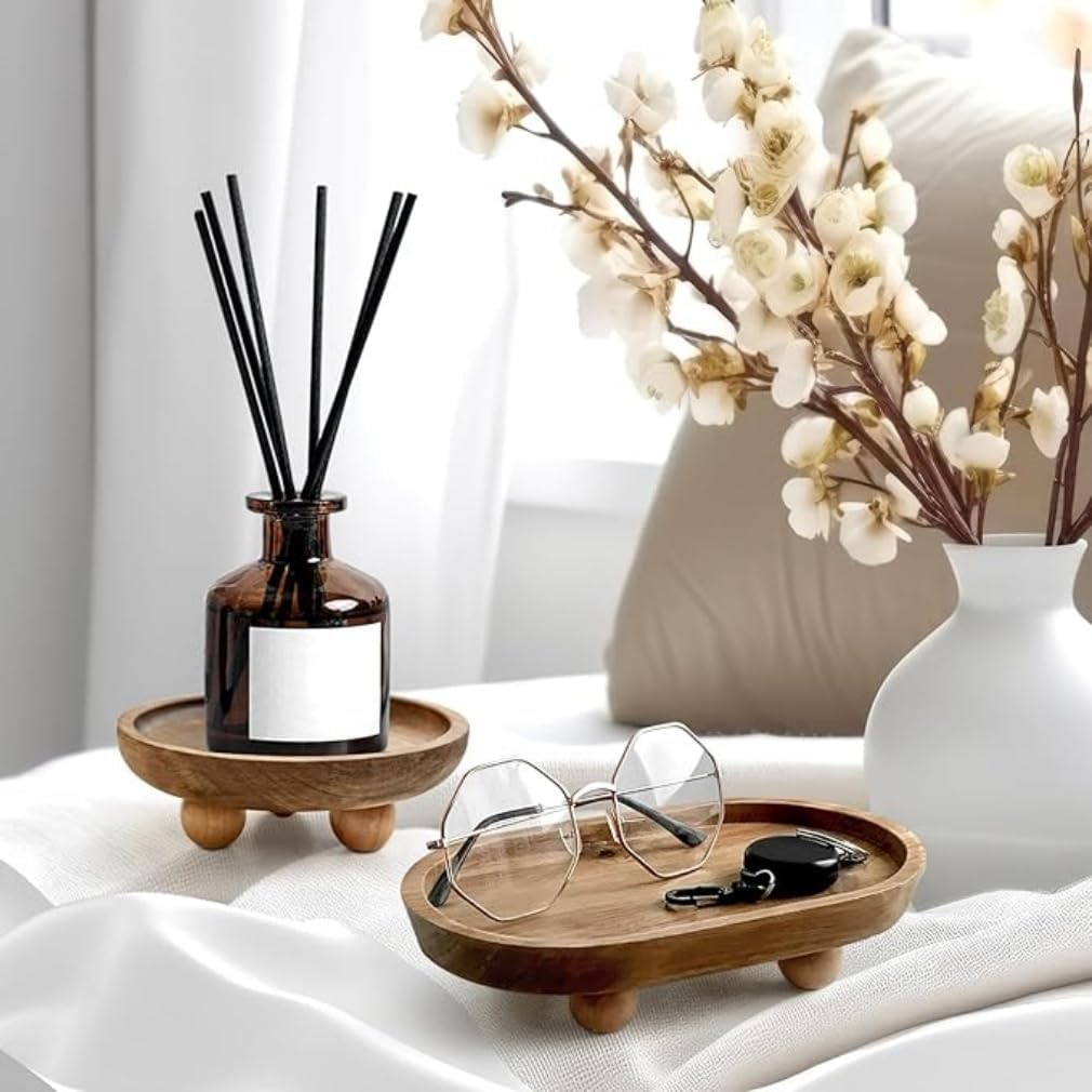 Mini Wooden Riser for Display, Wood Pedestal Stand for Farmhouse Tabletop Entry Table Centerpieces Decor, Decorative Tray for Candles Plants Bottles Soap Dispenser (Oval) image number 4