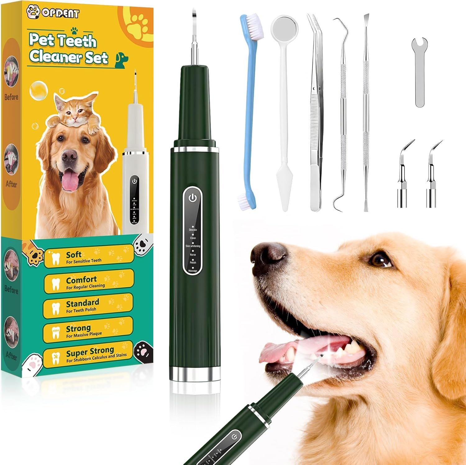 Opdent Dog Plaque Remover for Teeth - Pet Ultrasonic Tooth Cleaner, 6 Adjustable Modes Dog Teeth Cldaning Kit with LED Light, Cats and Dogs Tartar Remover for Teeth (Green, Large) image number 2