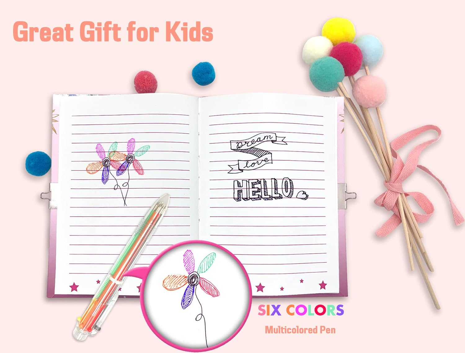 Set of Girls Diary with Lock, Butterfly Kids Journal Pen Set Includes 7.1X5.3 Inches Pink Girls Notebook Memo Pad Ruler 6 Multicolored Pen Sharpener Eraser Stationary Kit Gifts for Girls 6-10 Year image number 1