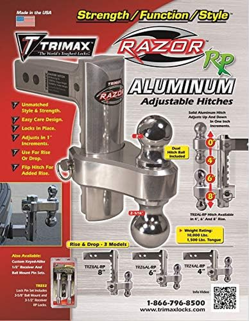 Trimax TRZ8ALRP 8" Aluminum Adjustable Hitch with Dual Hitch Ball and Receiver Adjustment Pin