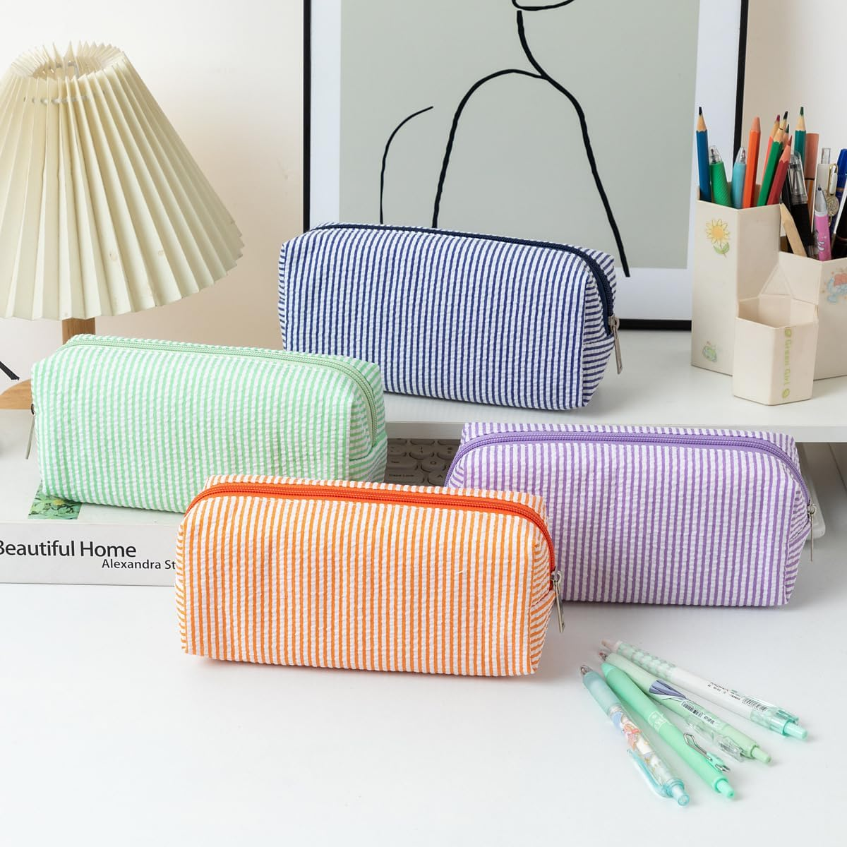 Hfhungkeong Cute Pencil Case, Seersucker Pencil Bag Desktop Stationery Finishing Large Capacity Embroidery Striped Travel Storage Bag, Multifunctional Cosmetic Pouch(Light Blue) - Light Blue image number 3
