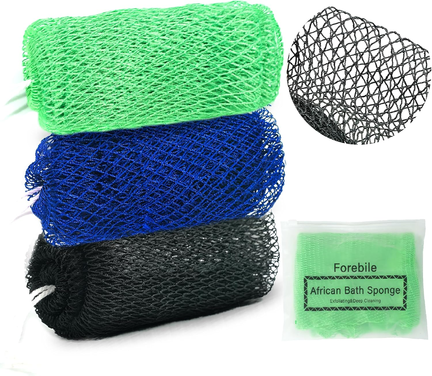 African Net Sponge Authentic 3 Pieces Exfoliating Body Scrubber African Net Sponge with Knots African Exfoliating Net Bath Sponge with Travel Bag (Black,Green,Blue)