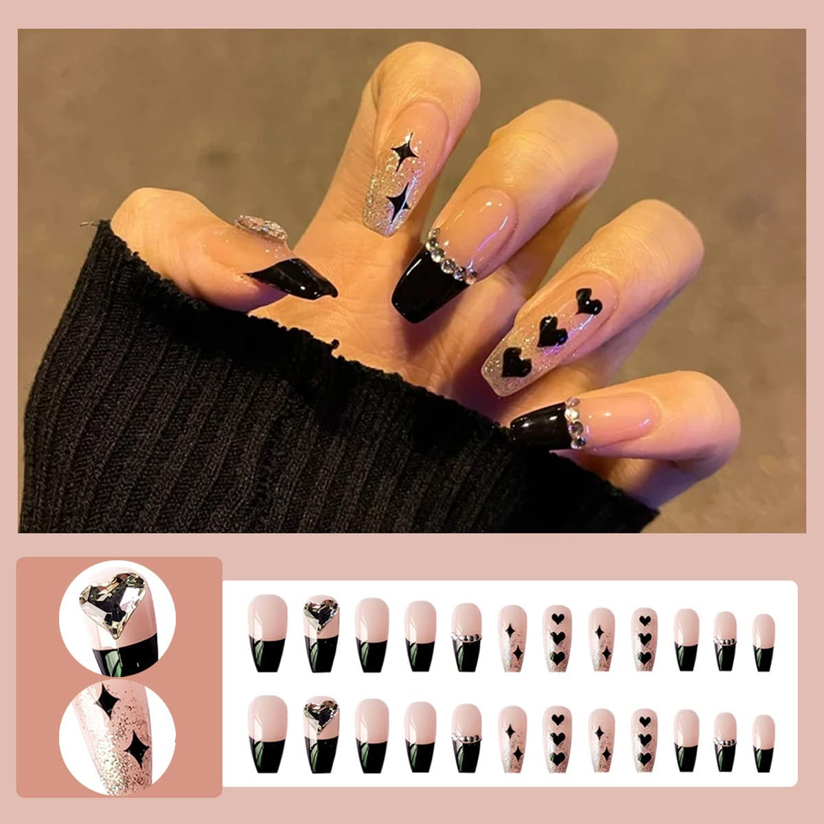 Folmywy Artificial Fake Nails False Fingernail Press on Manicure Coffin Ballerina Natrual Ongles Rhinestones Glossy Women Girls Party Wonderful Gift 24Pcs