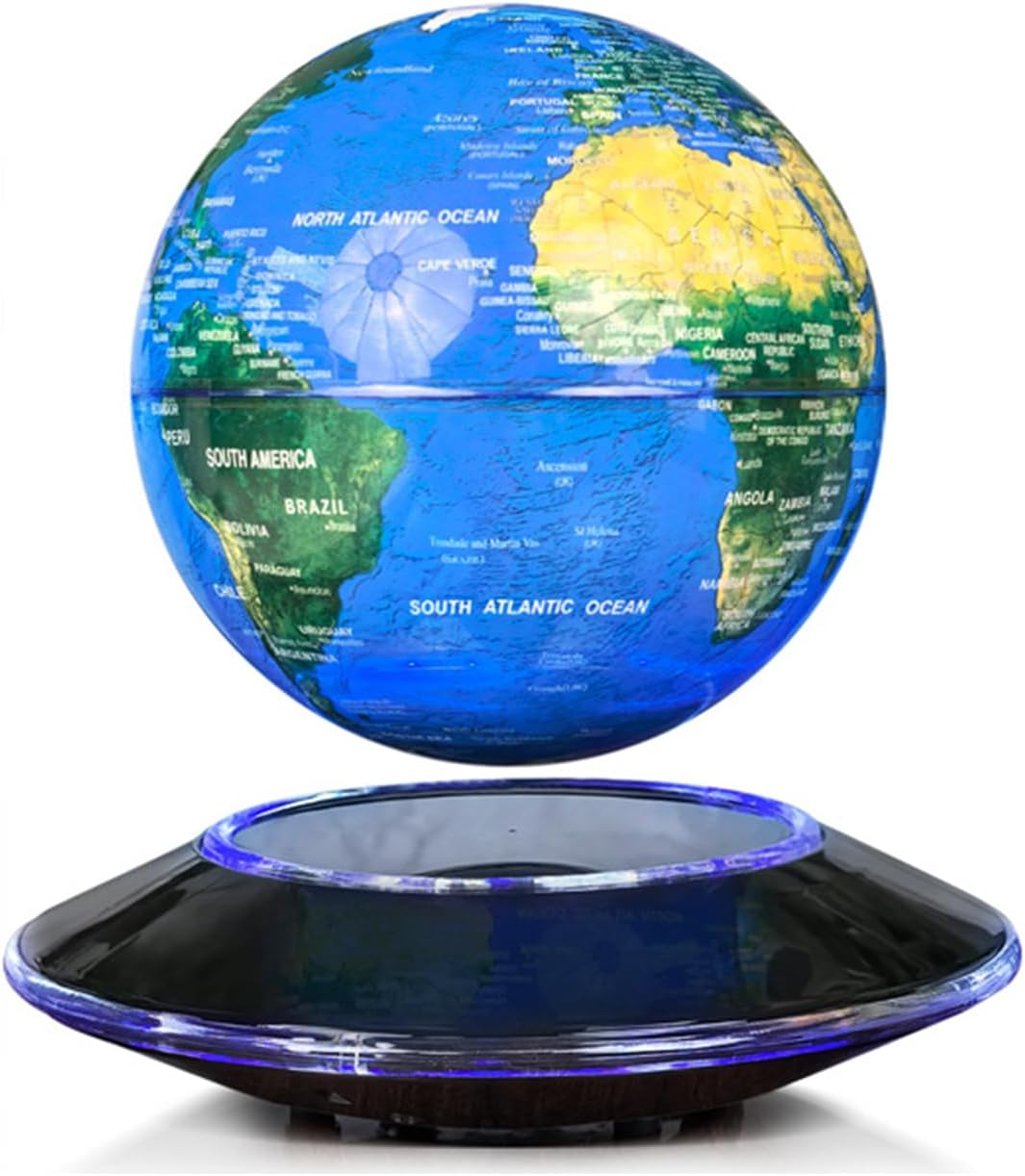 Levitating Globe, 6" Levitating World Map Desk Lamp with Rotating LED Night Light, for Home Office Decor & Educational Gift (Modern Room Lighting) (Blue (Colored Light))