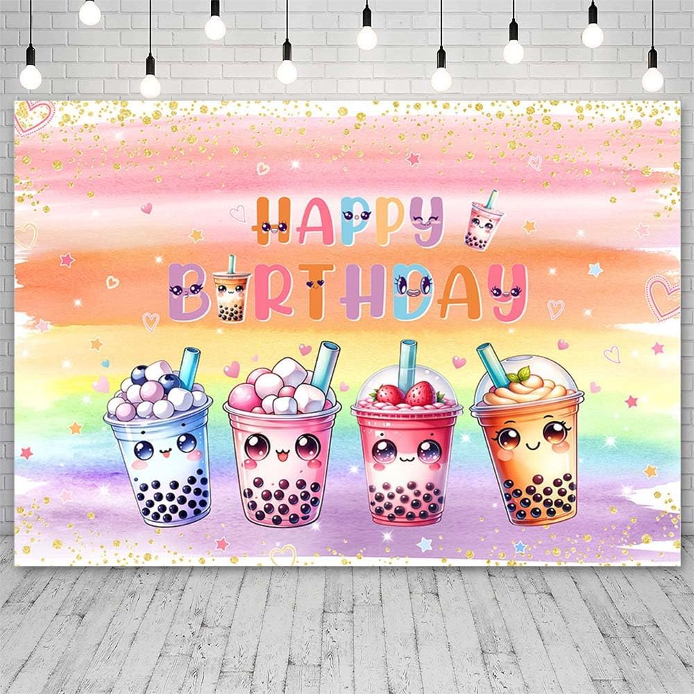 AIBIIN 7X5Ft Millk Tea Birthday Backdrop Kawaii Bubble Par-Tea Party Photography Background Colorful Rainbow Pearl Milk Tea for Boys Girls Birthday Party Decor Banner Photo Props image number 1