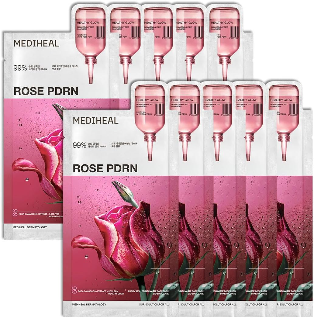 Mediheal Rose PDRN Essential Sheet Mask 10 Pcs. 99% Pure White Rose PDRN & Hyaluronic Acid for Hydrating, Firming, and Enhancing Moisture Barrier, Skin Firmness, and Glow. Vegan Formula. - Hyalluronate image number 3
